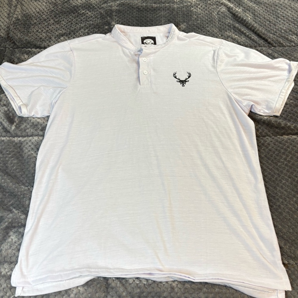 Men's White Collarless Polo Shirt with Stag Emblem